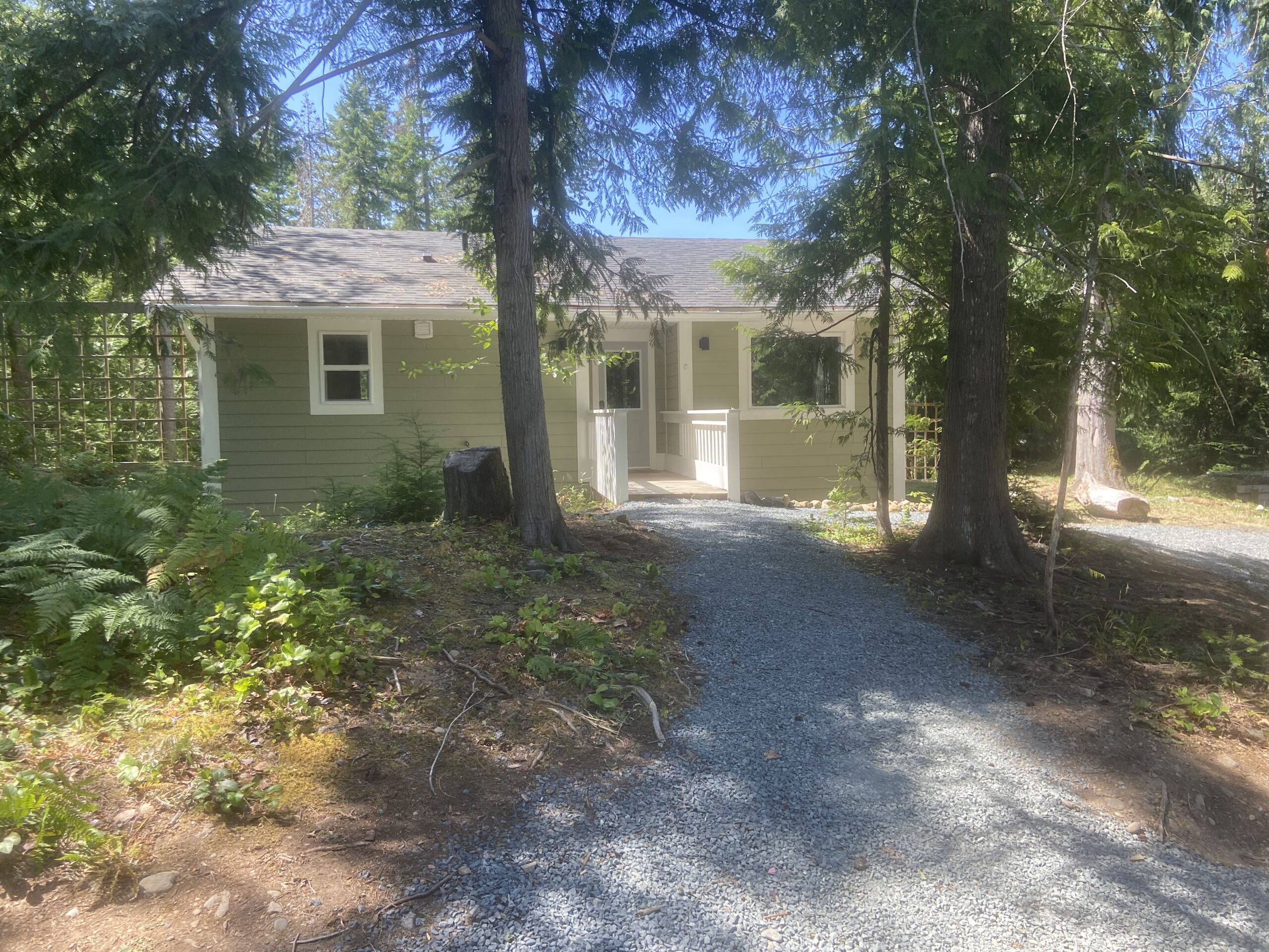 A view of the road entrance to the cottage, with it's gravel passage to the door leading between two trees